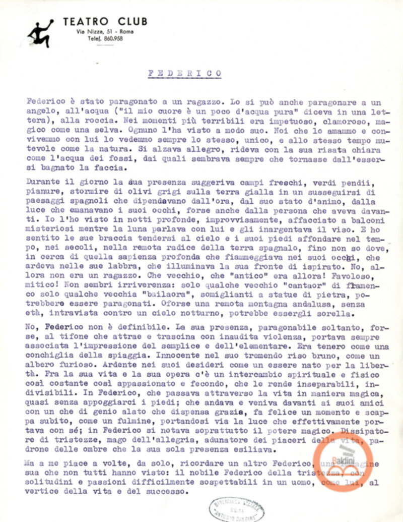 Ritratto di Garcia Lorca - bozza del testo