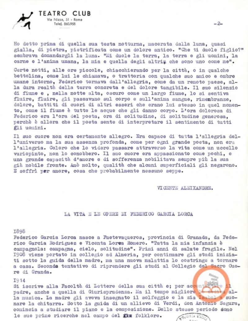 Ritratto di Garcia Lorca - bozza del testo