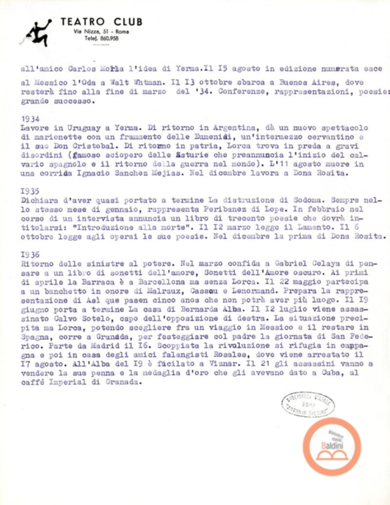 Ritratto di Garcia Lorca - bozza del testo