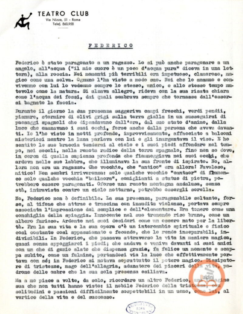 Ritratto di Garcia Lorca - bozza del testo