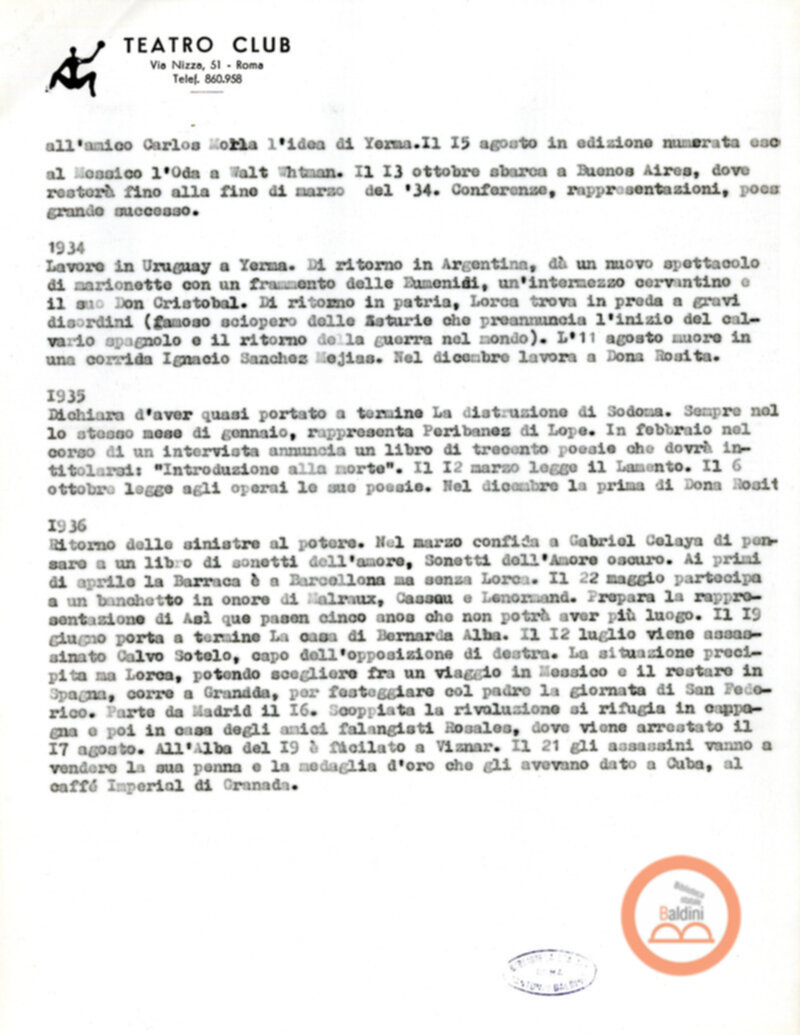 Ritratto di Garcia Lorca - bozza del testo