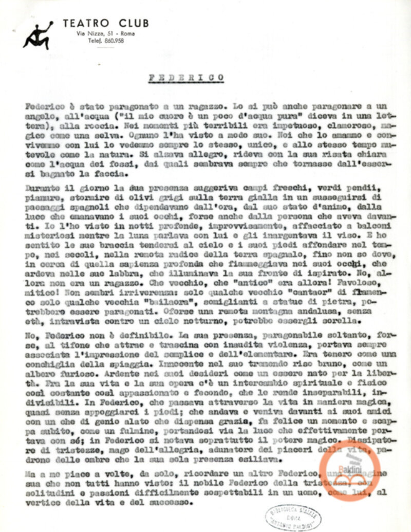 Ritratto di Garcia Lorca - bozza del testo