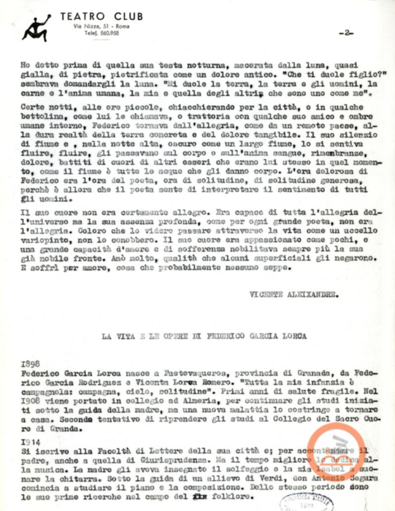 Ritratto di Garcia Lorca - bozza del testo