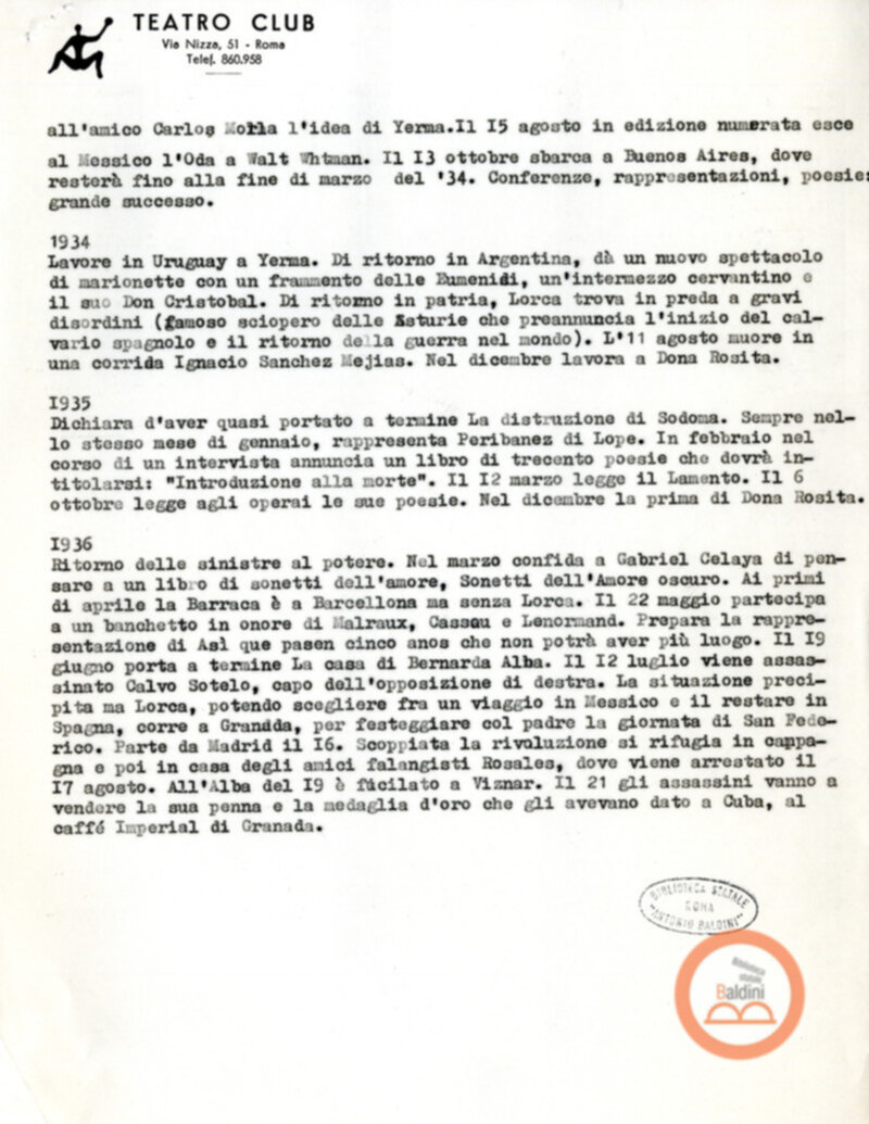 Ritratto di Garcia Lorca - bozza del testo