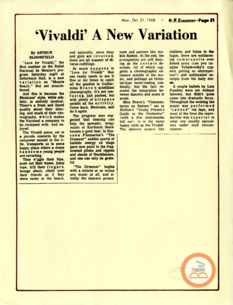 Rassegna stampa relativa allo spettacolo del Balletto messicano di Amalia Hernandez.