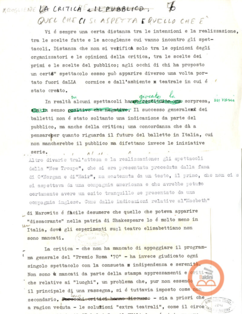 Un Bilancio del Premio Roma '70