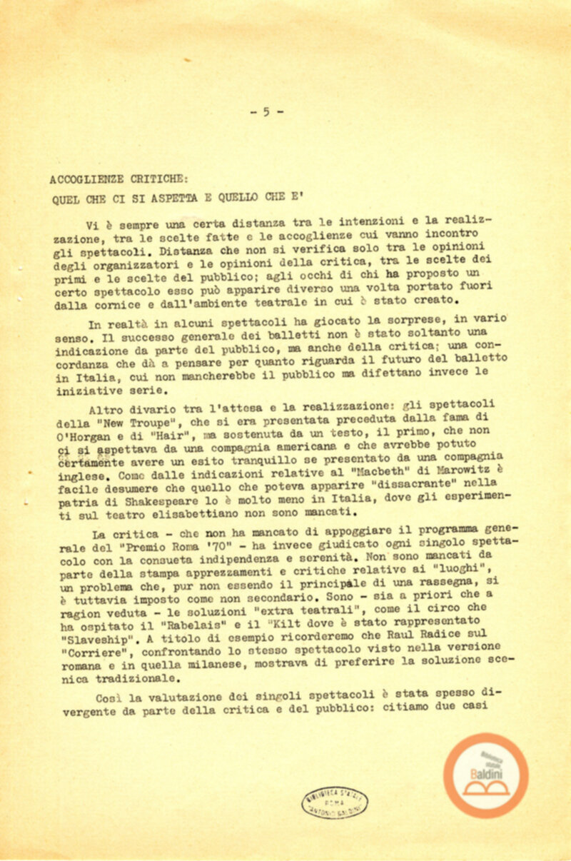 Un bilancio del Premio Roma '70