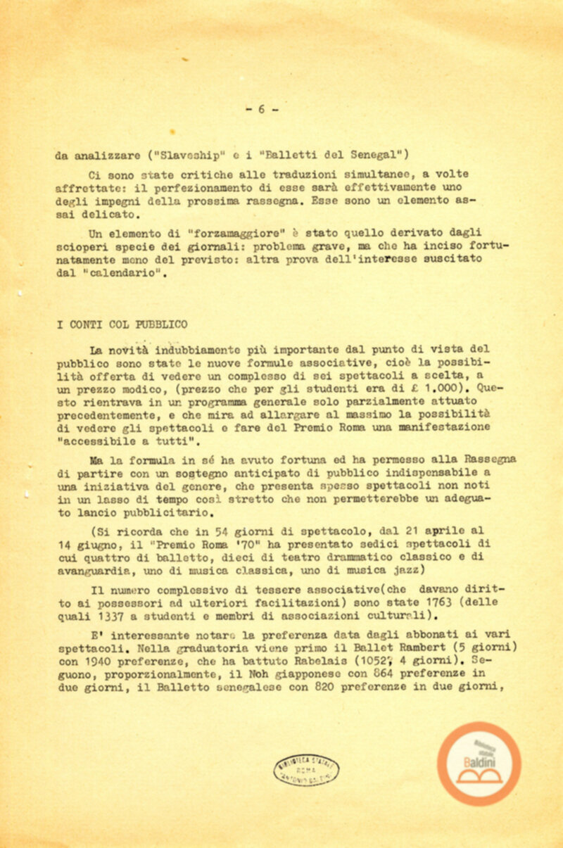 Un bilancio del Premio Roma '70