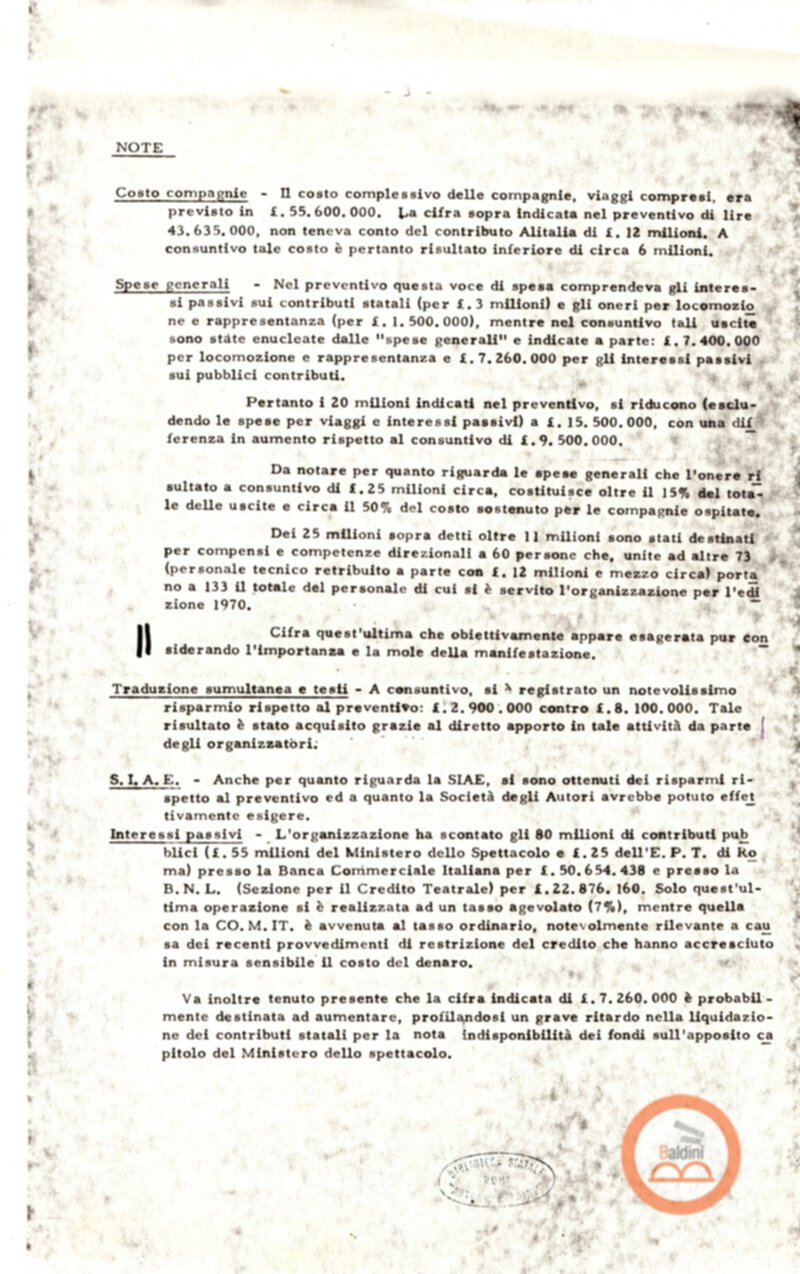 Premio Roma '70 - bilanci