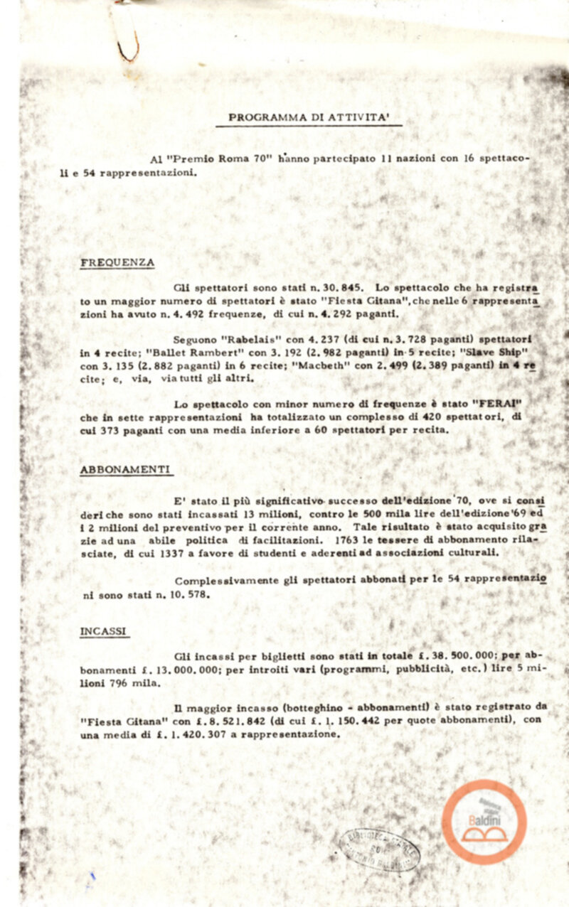 Premio Roma '70 - bilanci