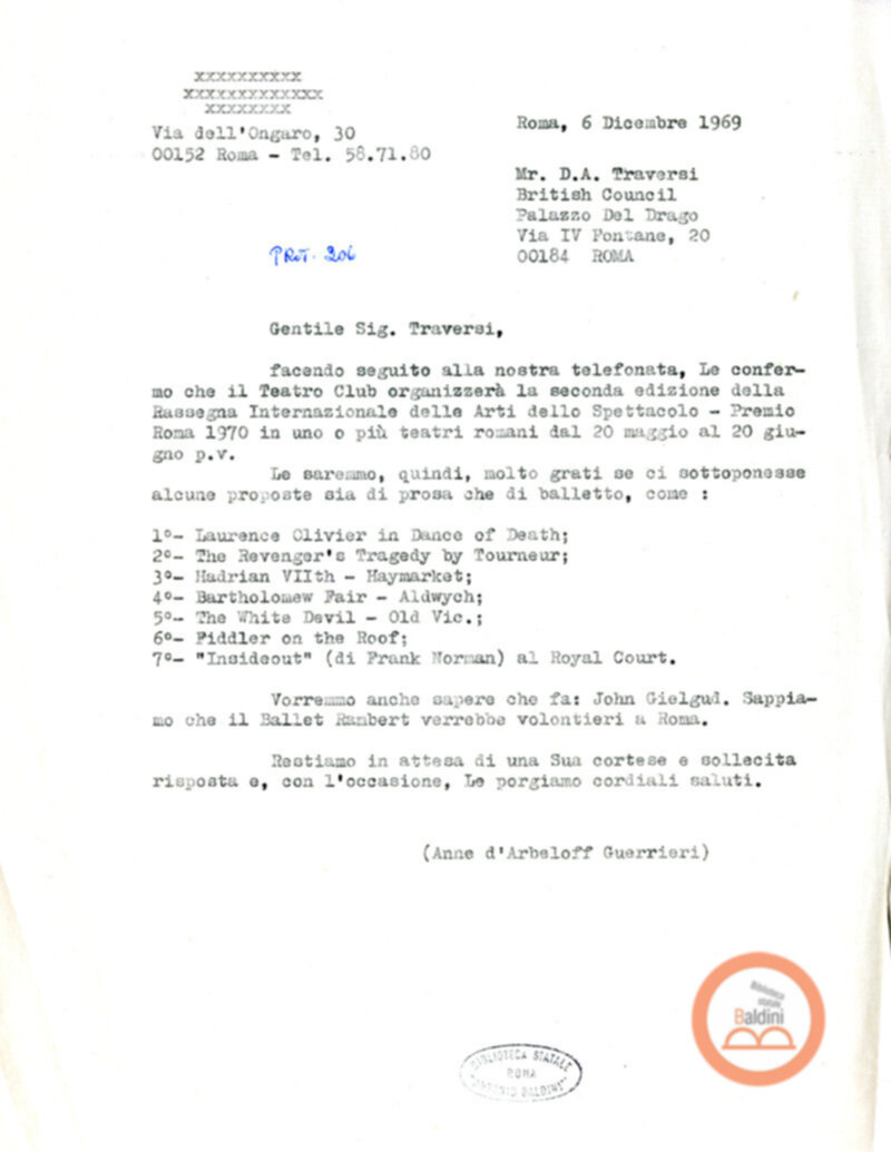 Premio Roma '70 - corrispondenza con il British Council