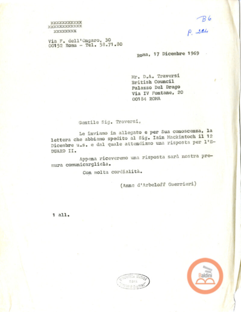 Premio Roma '70 - corrispondenza con il British Council