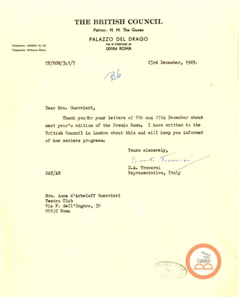Premio Roma '70 - corrispondenza con il British Council