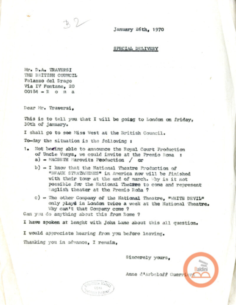 Premio Roma '70 - corrispondenza con il British Council