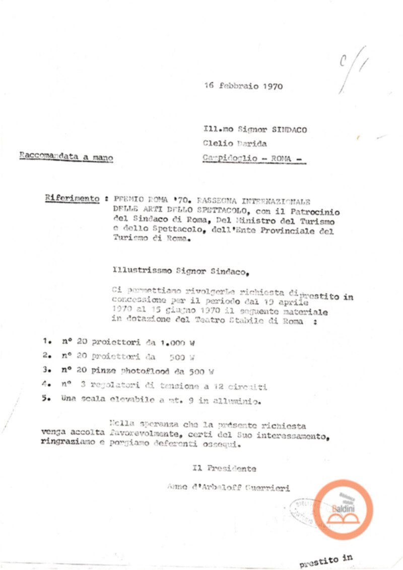 Premio Roma '70 - prestito di materiale in dotazione del Comune di Roma