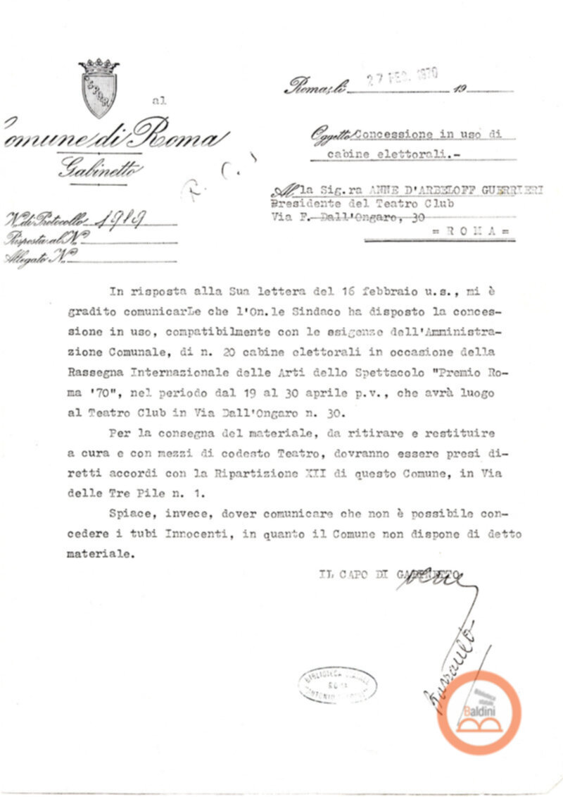 Premio Roma '70 - prestito di materiale in dotazione del Comune di Roma