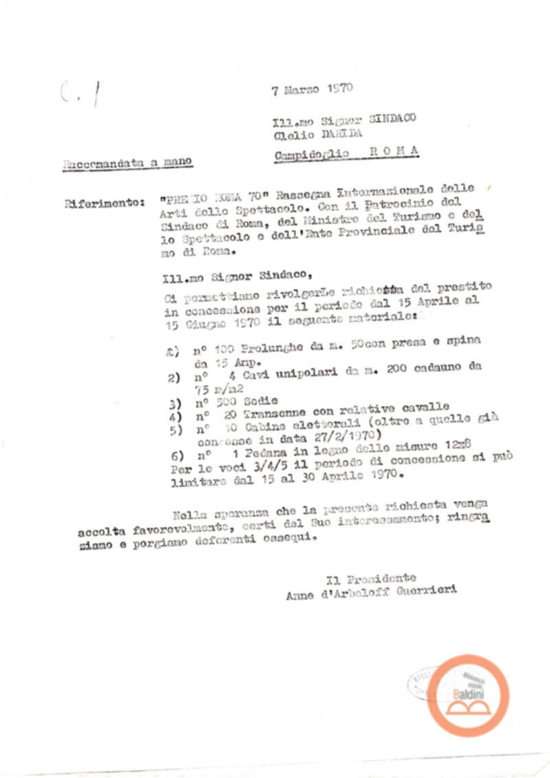 Premio Roma '70 - prestito di materiale in dotazione del Comune di Roma