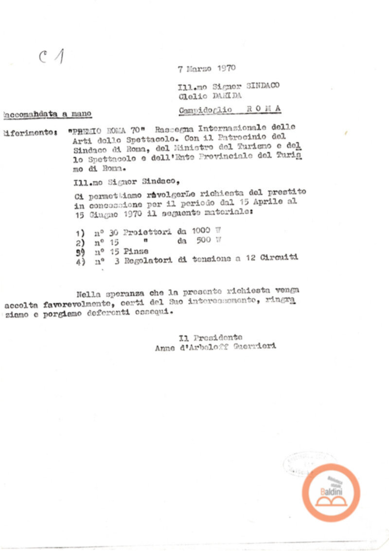 Premio Roma '70 - prestito di materiale in dotazione del Comune di Roma