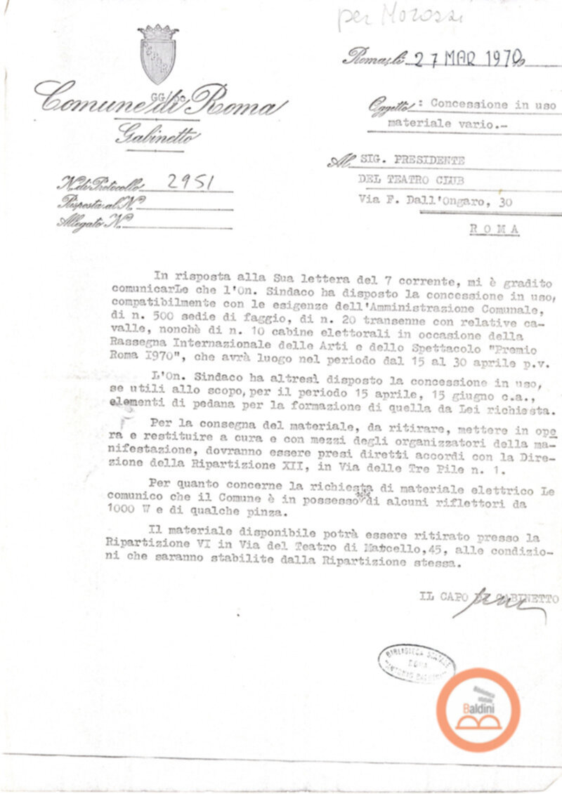 Premio Roma '70 - prestito di materiale in dotazione del Comune di Roma