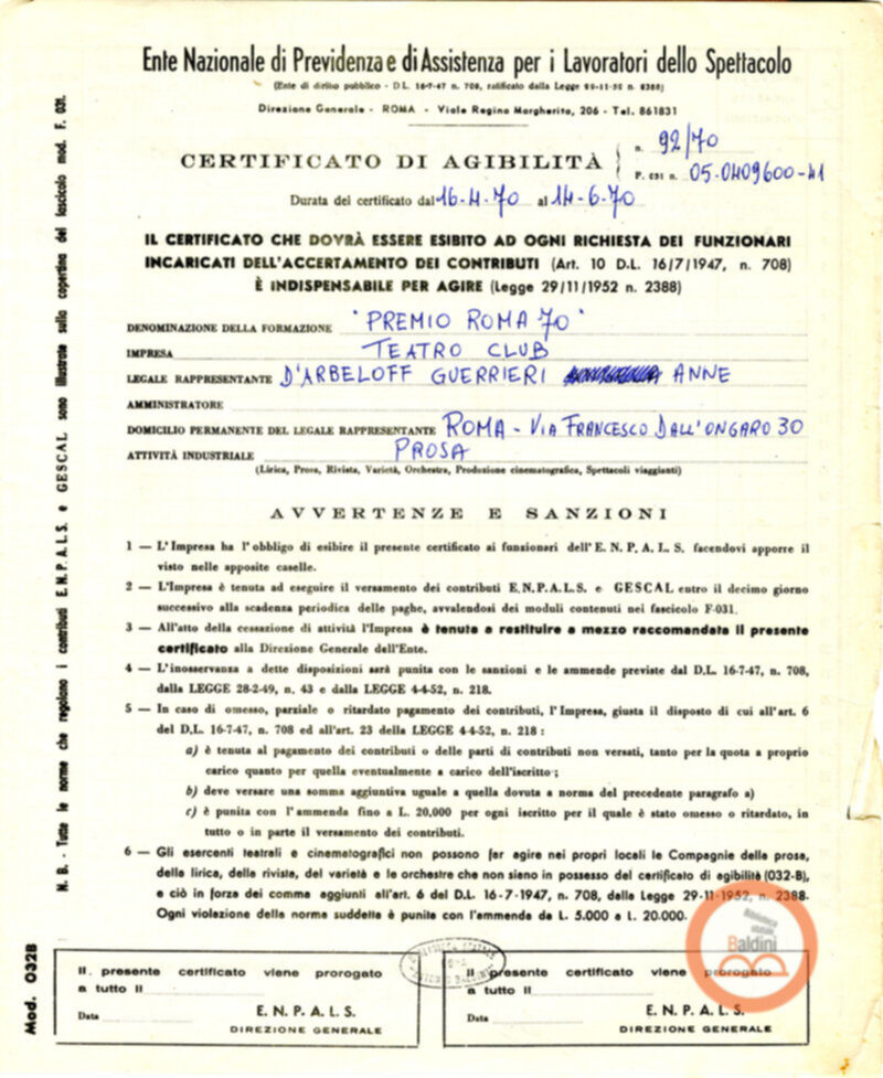 Premio Roma '70 - previdenza e collocamento personale