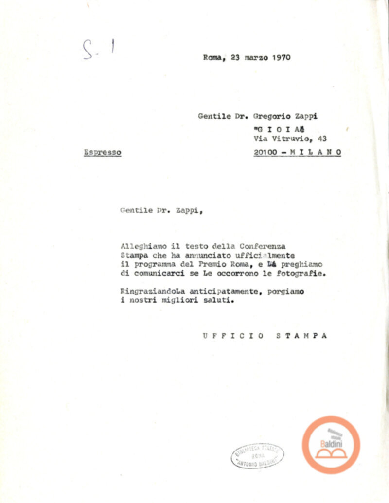 Premio Roma '70 - uffico stampa