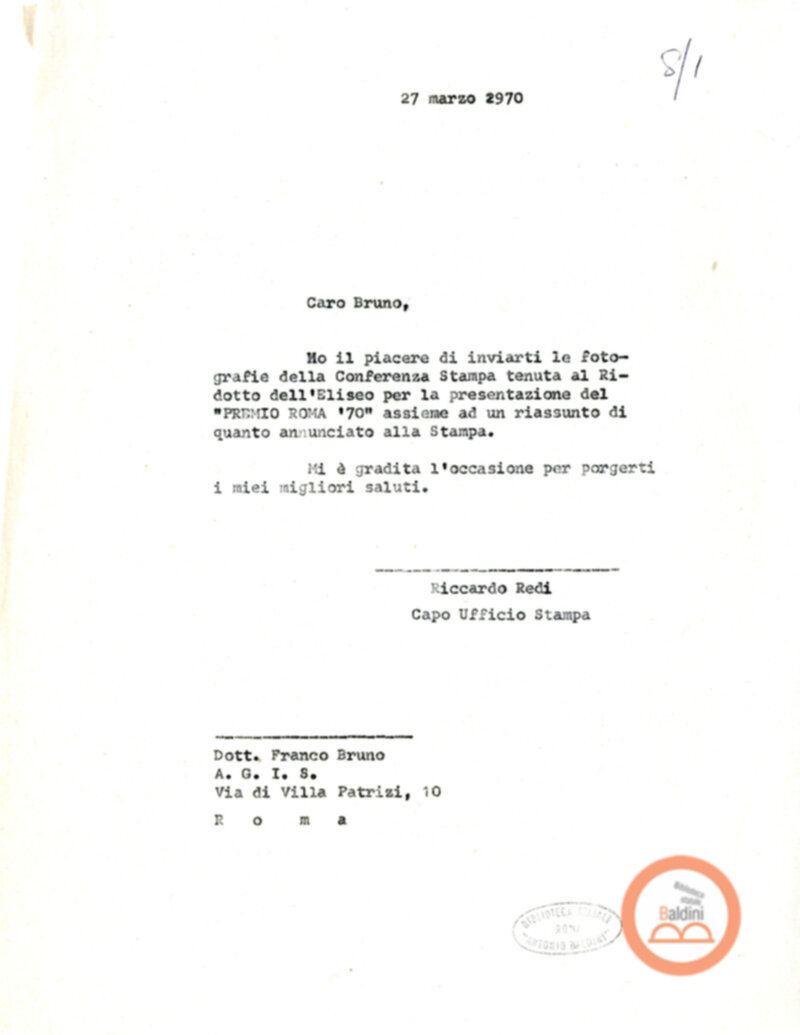 Premio Roma '70 - uffico stampa