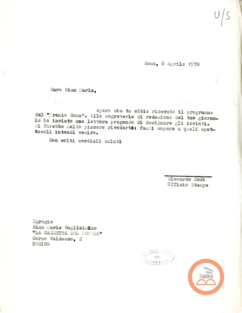 Premio Roma '70 - uffico stampa