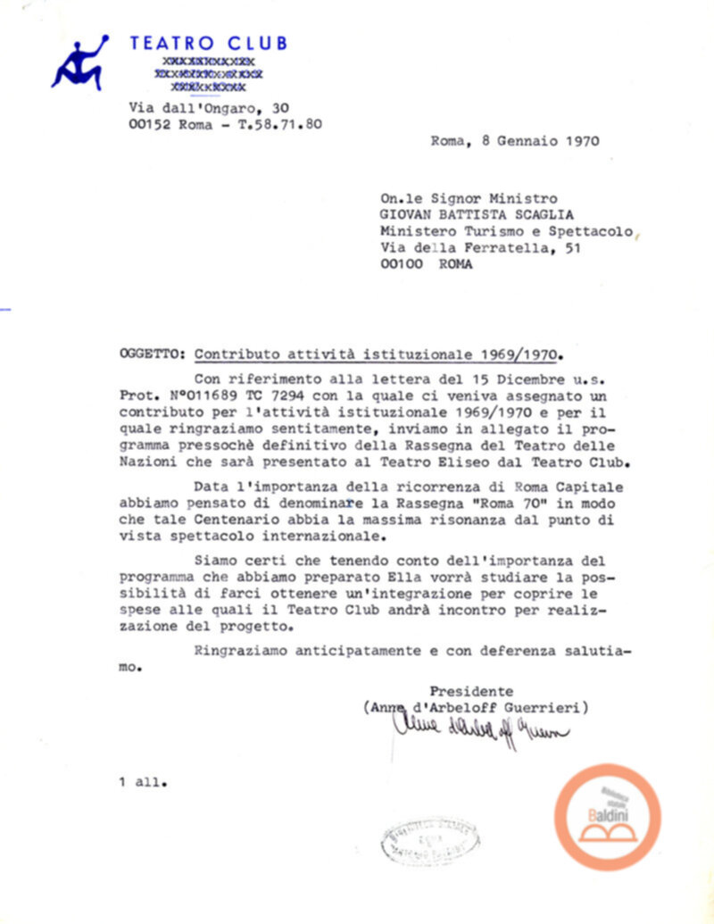 Premio Roma '70 - sovvenzioni ministeriali