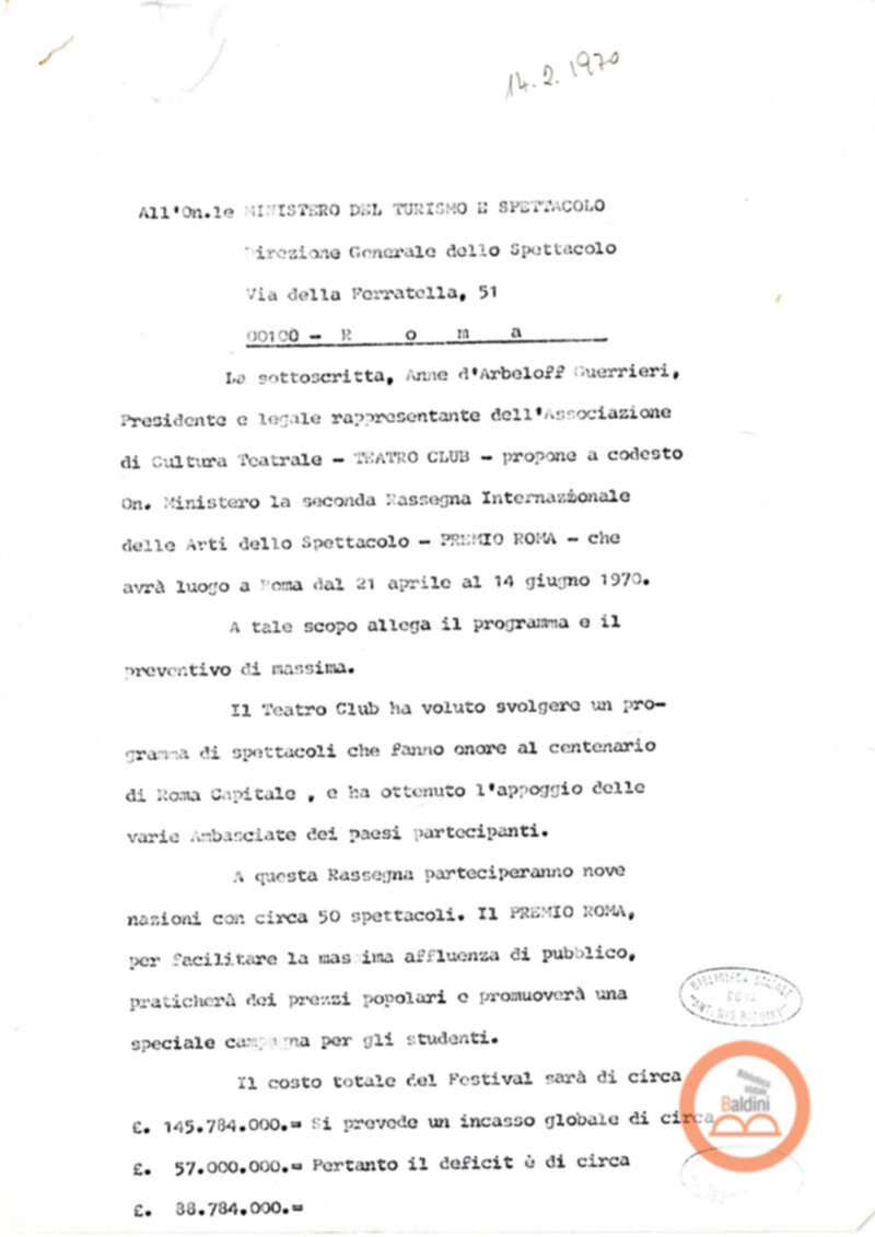 Premio Roma '70 - sovvenzioni ministeriali