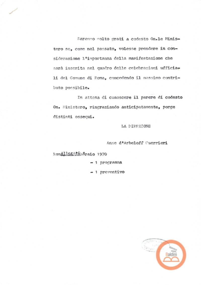 Premio Roma '70 - sovvenzioni ministeriali