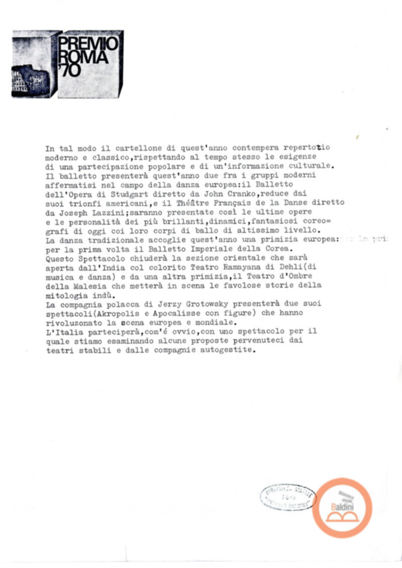 Premio Roma '70 - sovvenzioni ministeriali