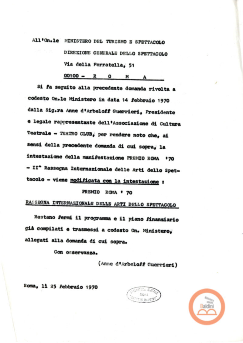 Premio Roma '70 - sovvenzioni ministeriali