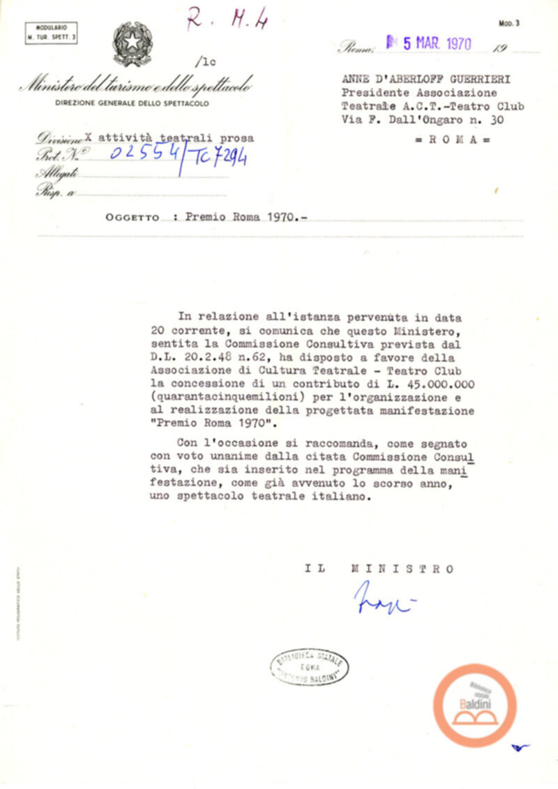 Premio Roma '70 - sovvenzioni ministeriali