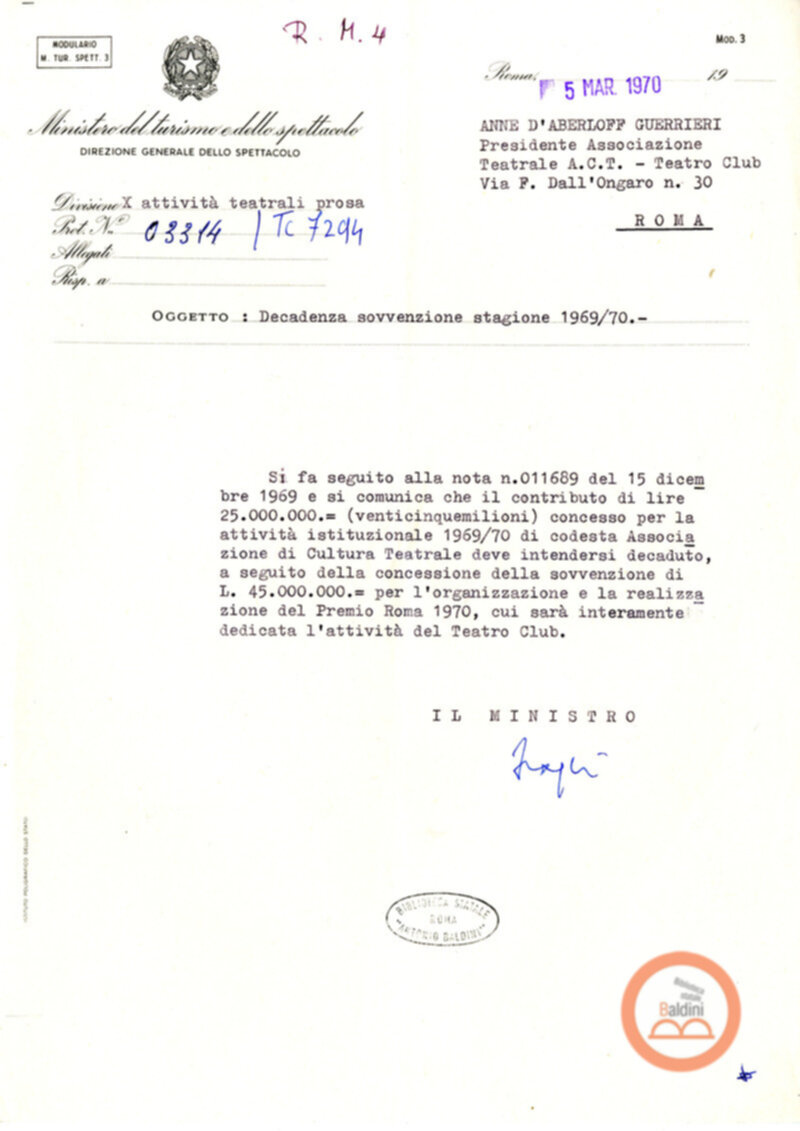 Premio Roma '70 - sovvenzioni ministeriali