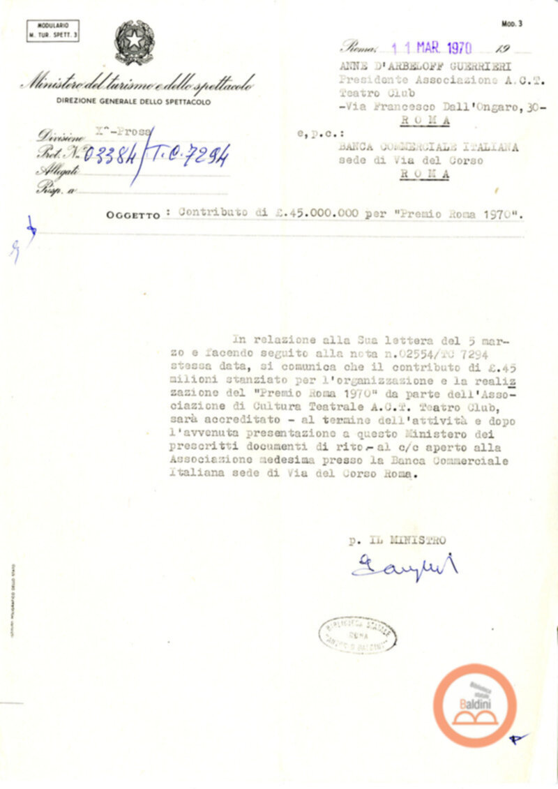 Premio Roma '70 - sovvenzioni ministeriali