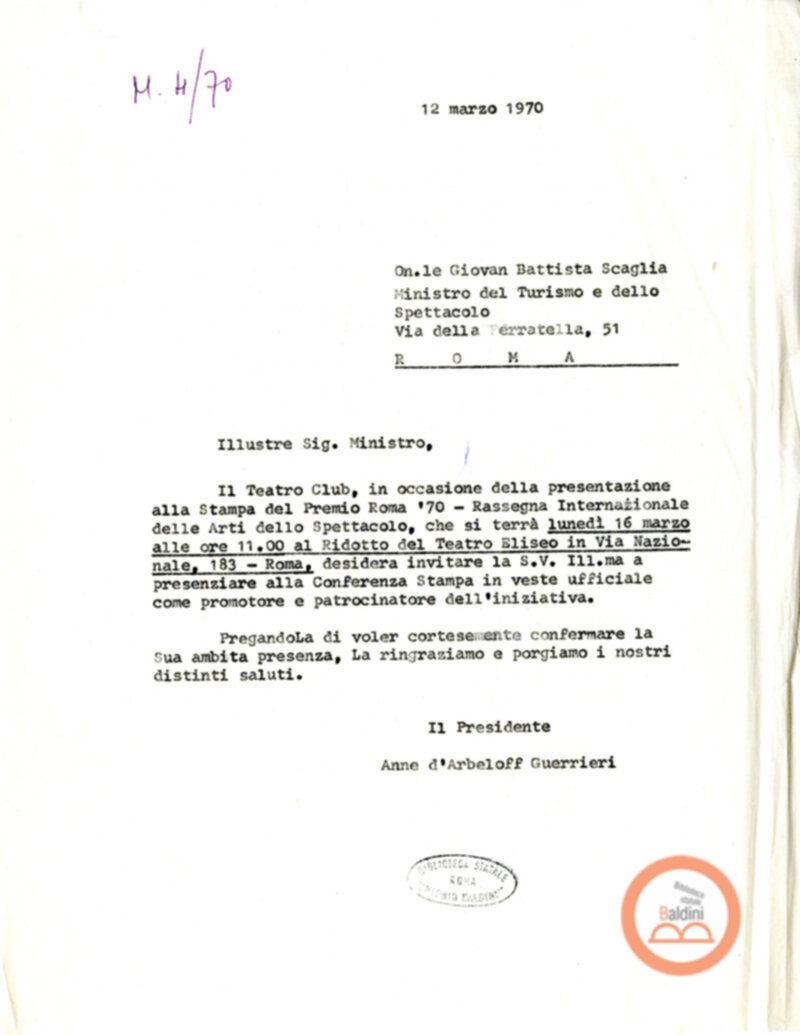 Premio Roma '70 - sovvenzioni ministeriali