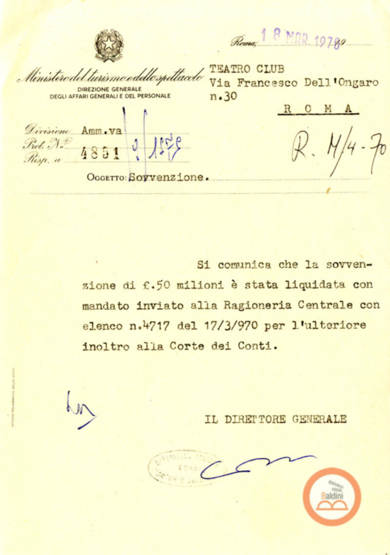 Premio Roma '70 - sovvenzioni ministeriali