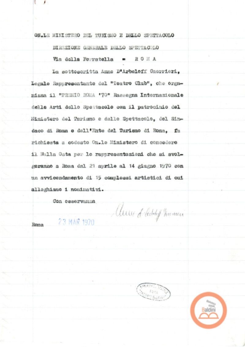 Premio Roma '70 - sovvenzioni ministeriali