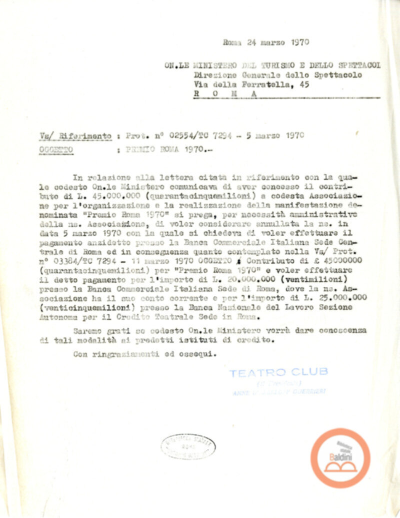 Premio Roma '70 - sovvenzioni ministeriali