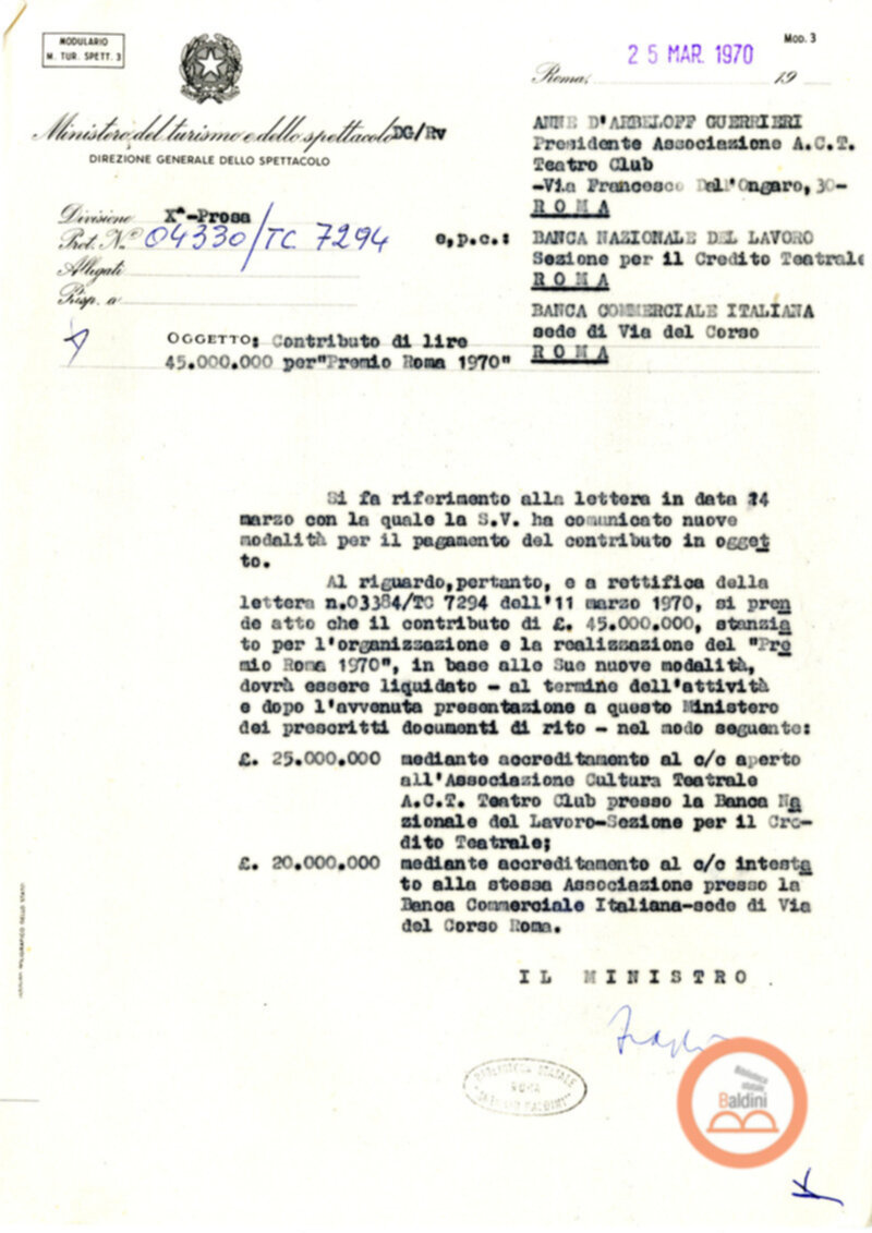 Premio Roma '70 - sovvenzioni ministeriali