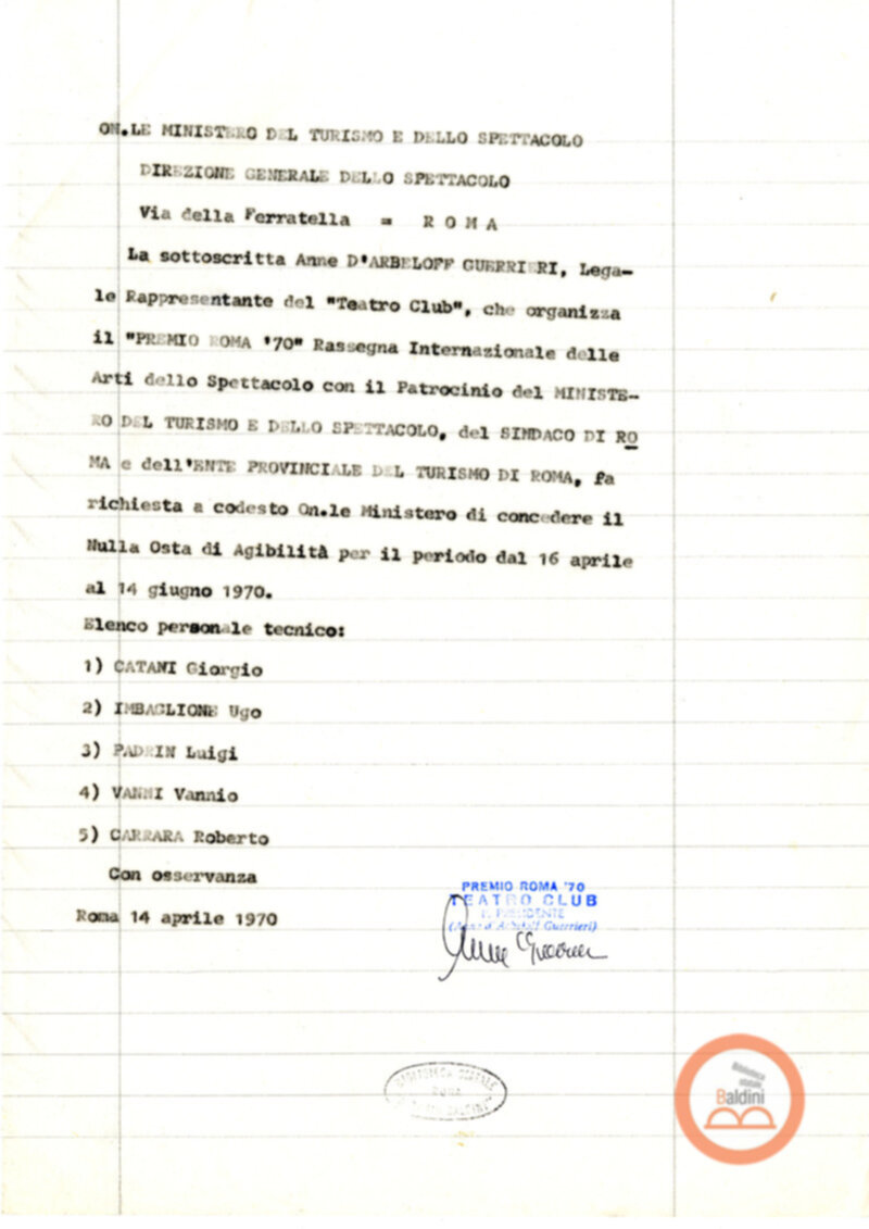 Premio Roma '70 - sovvenzioni ministeriali