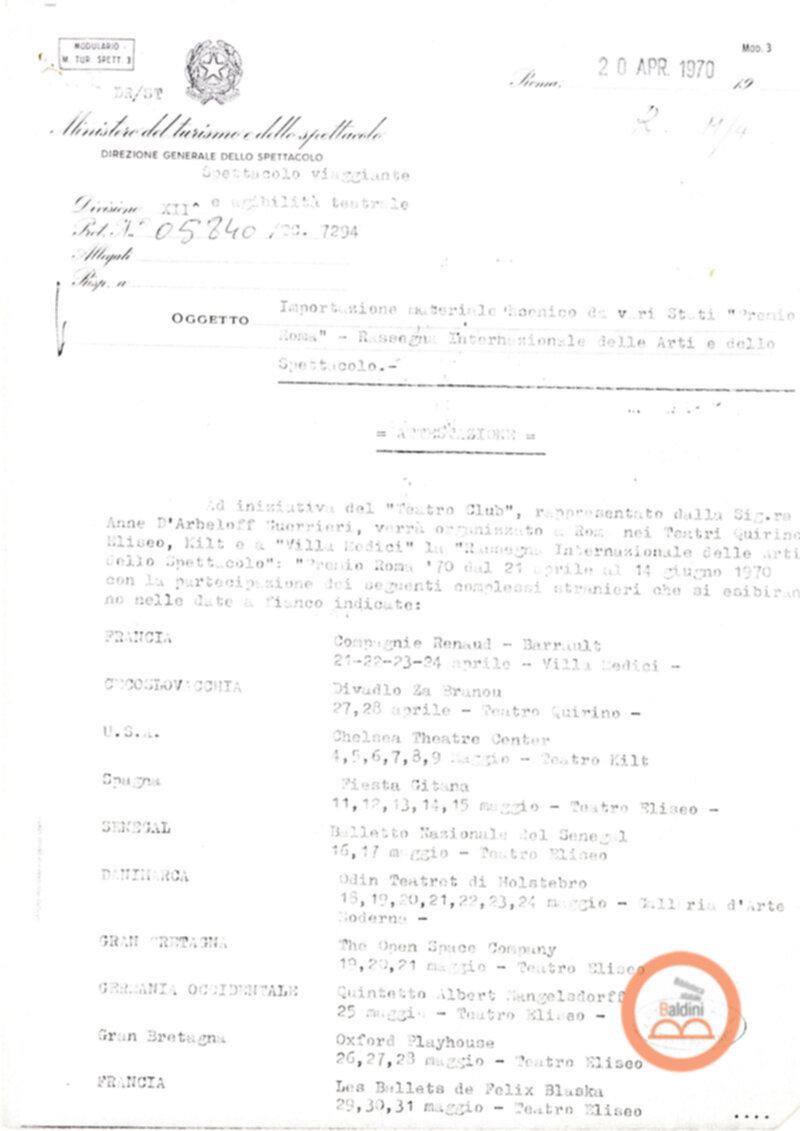 Premio Roma '70 - sovvenzioni ministeriali