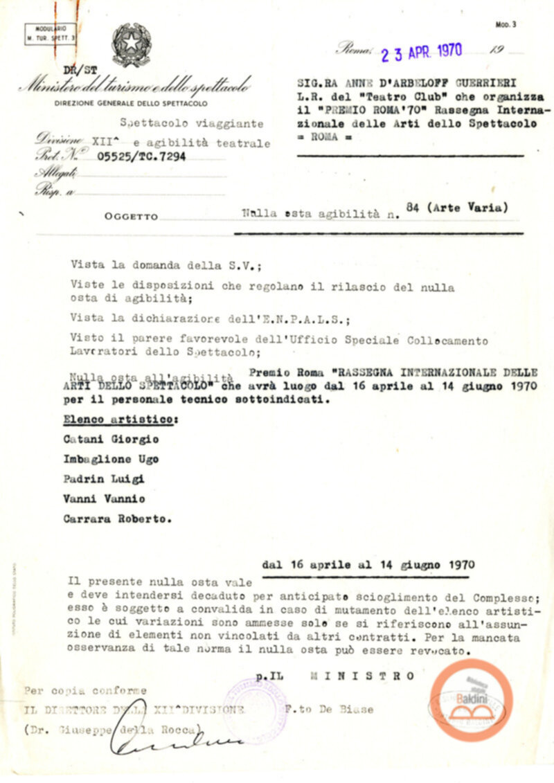 Premio Roma '70 - sovvenzioni ministeriali