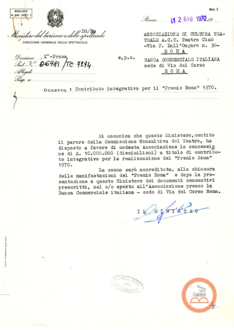 Premio Roma '70 - sovvenzioni ministeriali