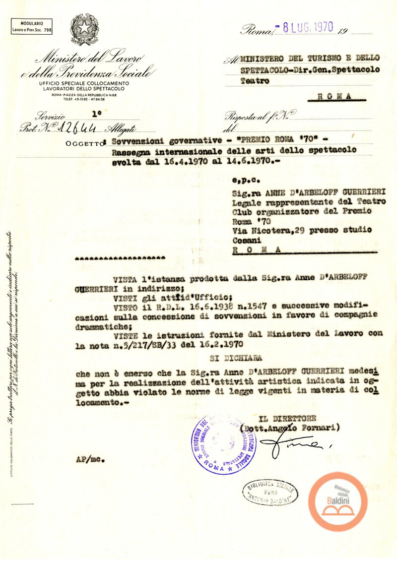 Premio Roma '70 - sovvenzioni ministeriali