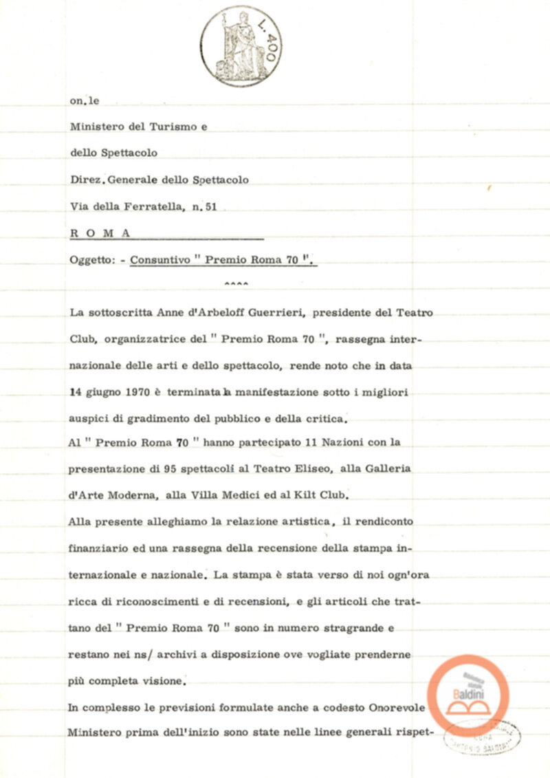 Premio Roma '70 - sovvenzioni ministeriali