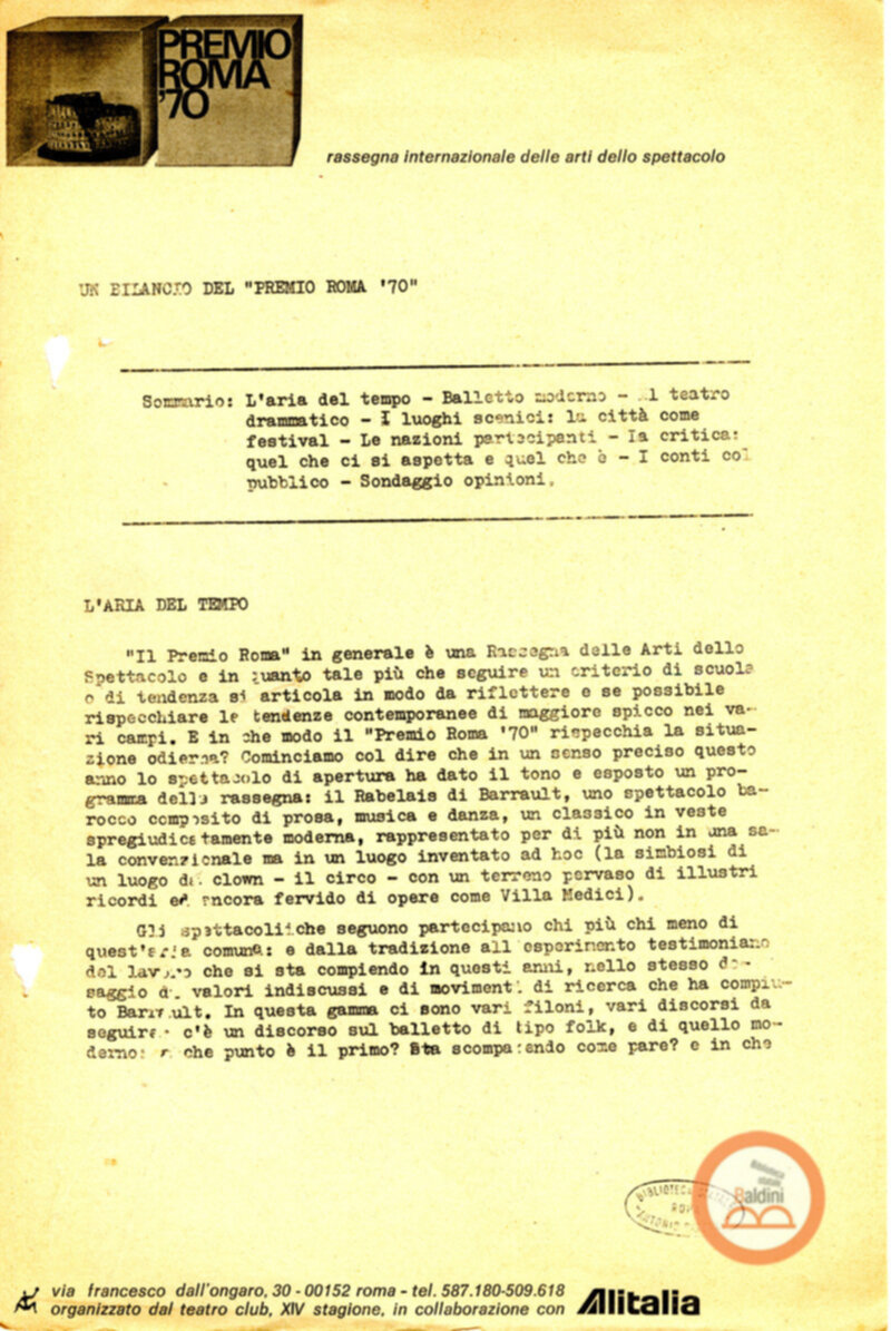 Premio Roma '70 - sovvenzioni ministeriali