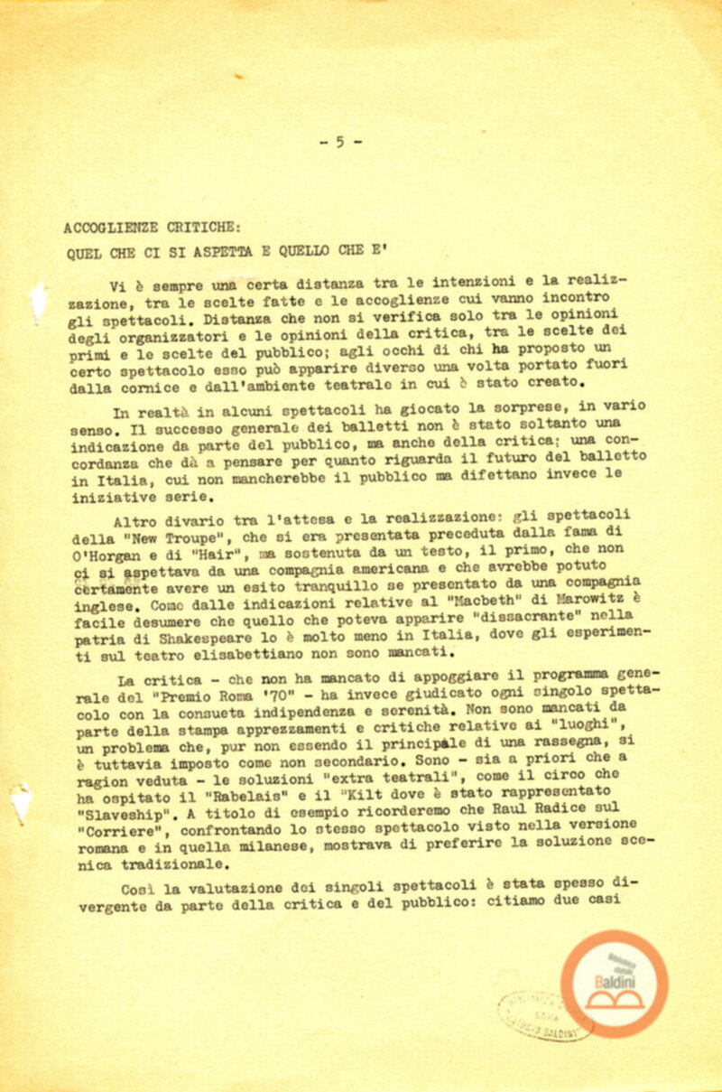 Premio Roma '70 - sovvenzioni ministeriali