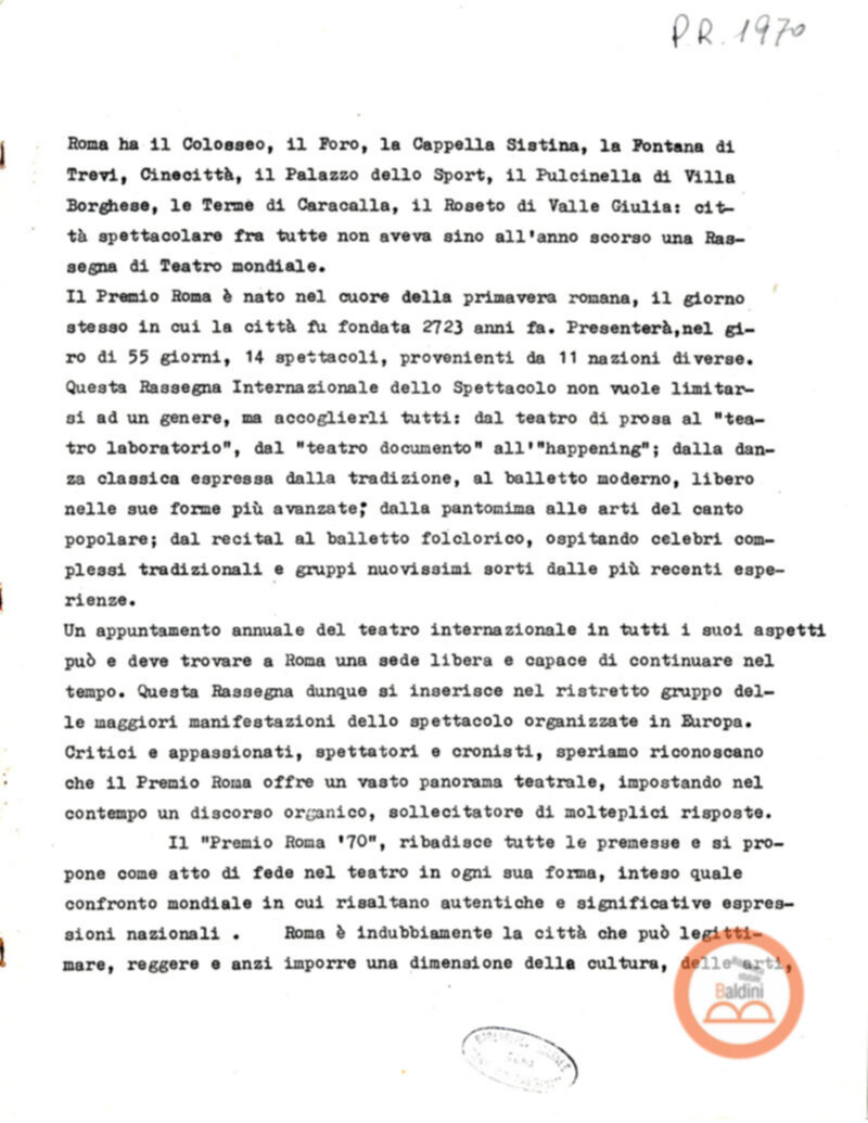 Premio Roma '70 - sovvenzioni ministeriali