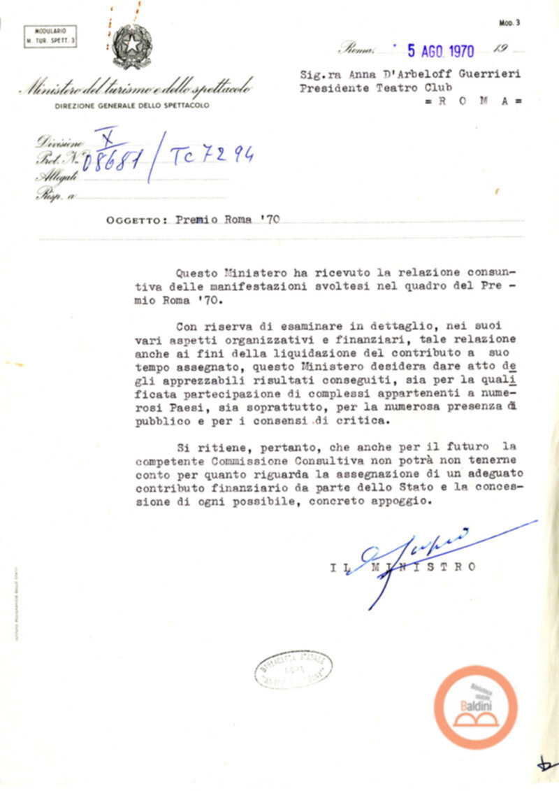 Premio Roma '70 - sovvenzioni ministeriali